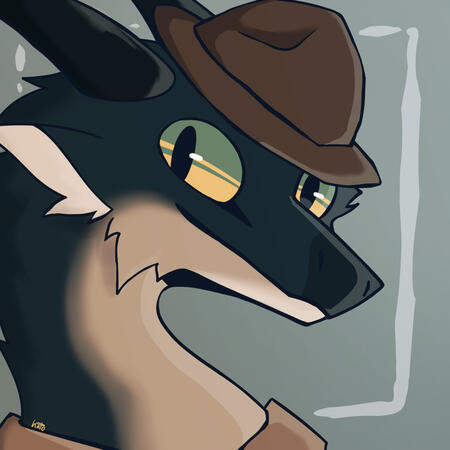 Character is owned by CoyoteCountry on Toyhouse - a drawing of a blue and tan dragon with a brown ranger hat